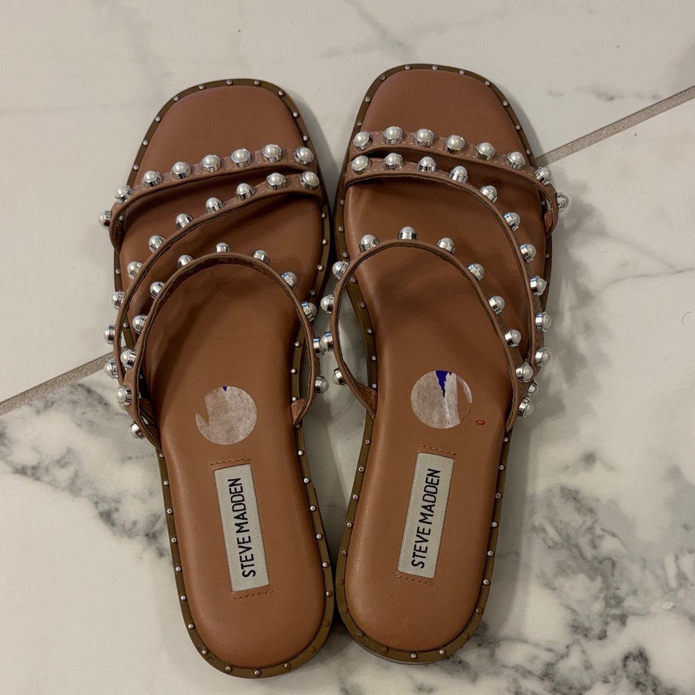 Steve Madden Tan Sandals with Pearl Accents
